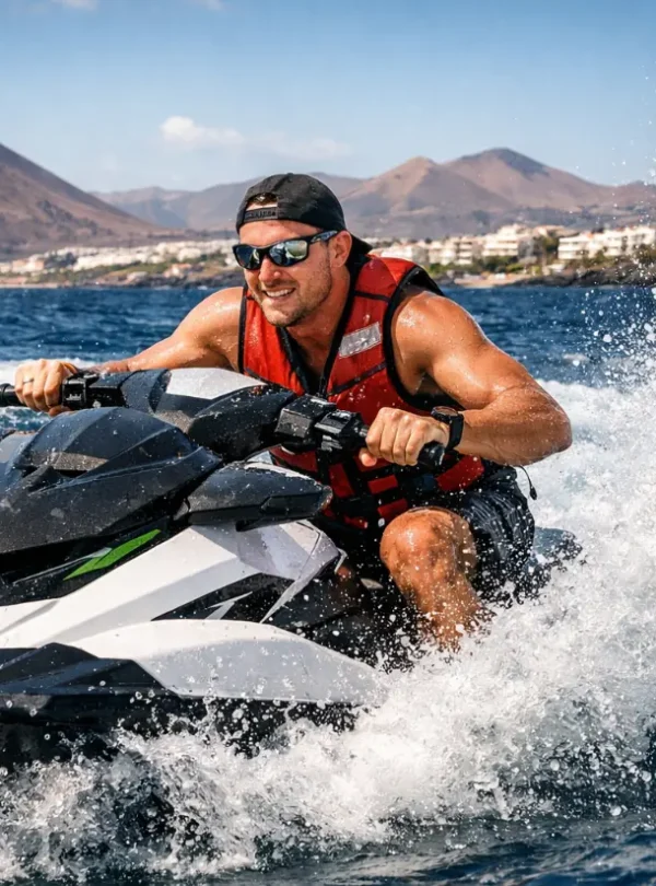 Tourist riding jet ski in Lanzarote Atlantic Ocean waters thrilling watersports activity in Puerto del Carmen