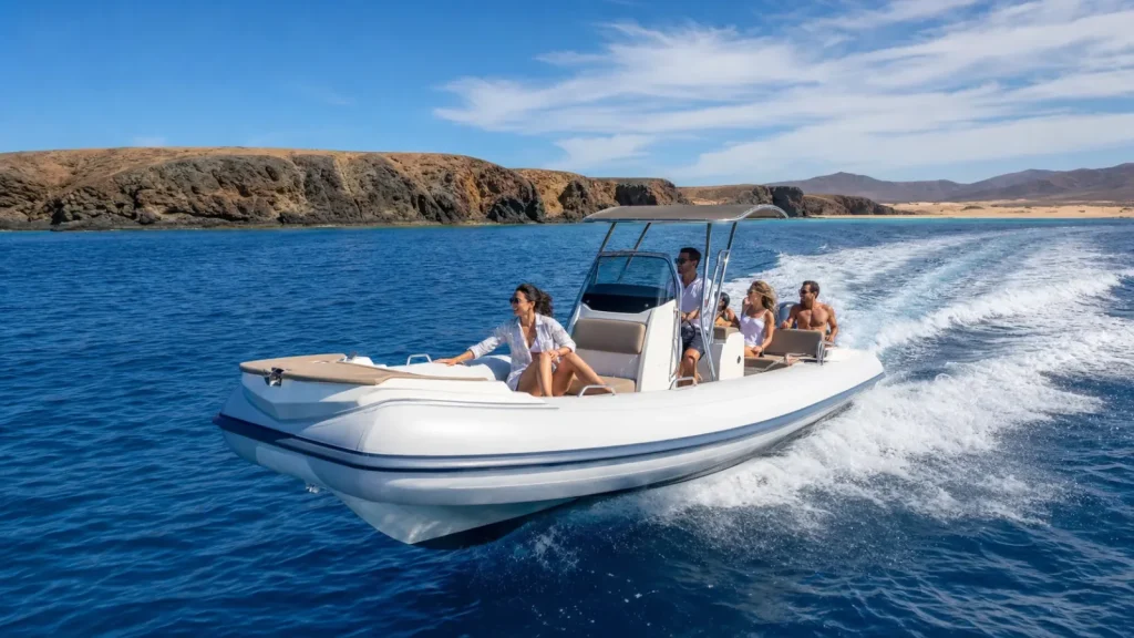 Private speedboat charter cruising along the volcanic coast of Lanzarote