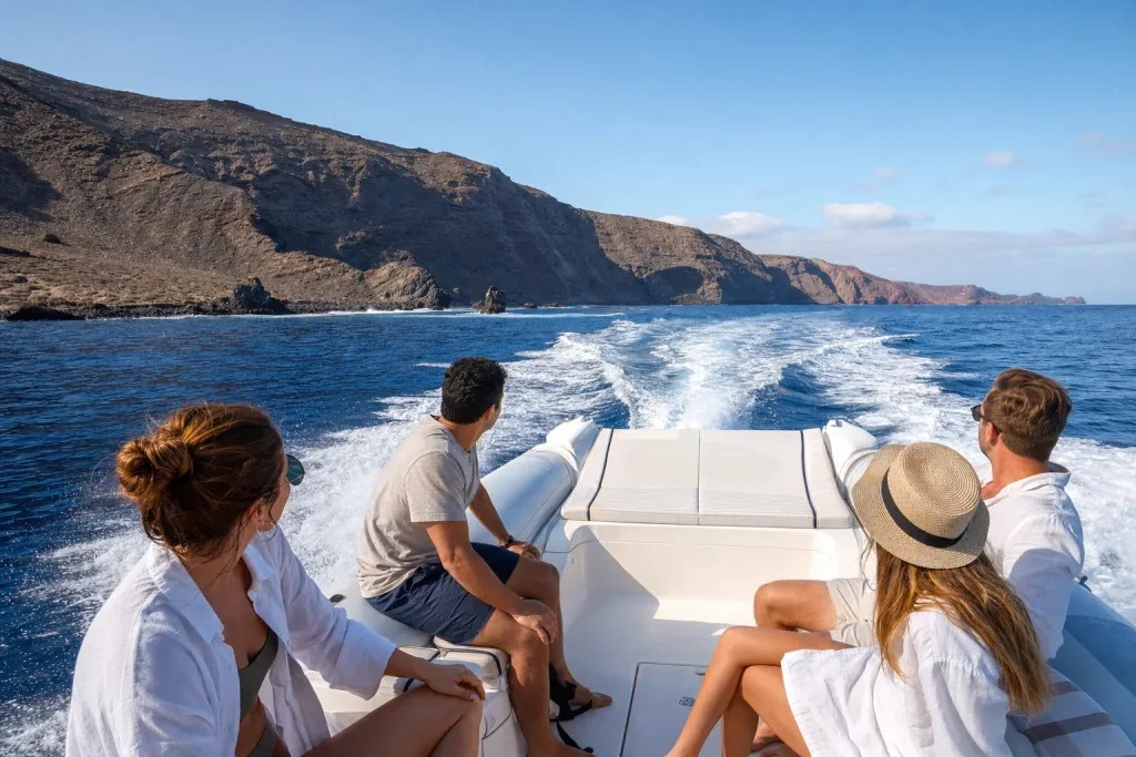 Private speedboat cruising along the volcanic coast of Lanzarote