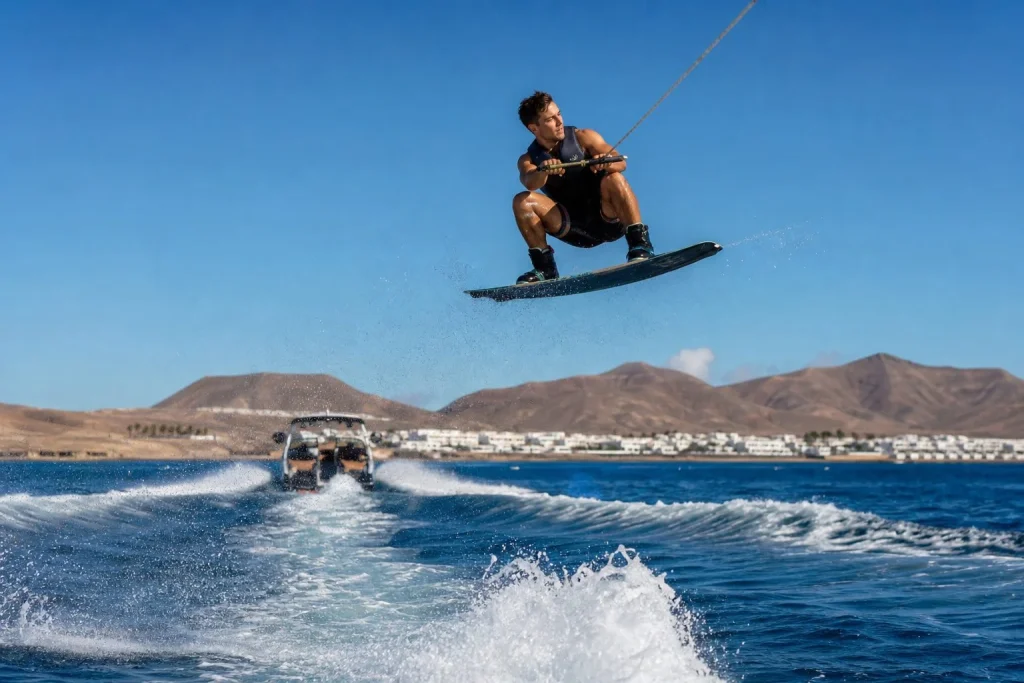 Wakeboarder jumping over the wake near Puerto del Carmen