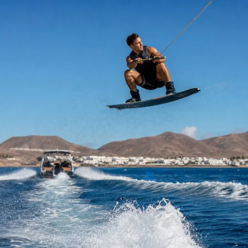 Wakeboarder jumping over the wake near Puerto del Carmen