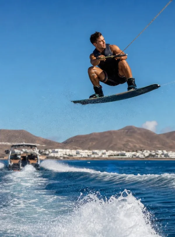 Wakeboarder jumping over the wake near Puerto del Carmen