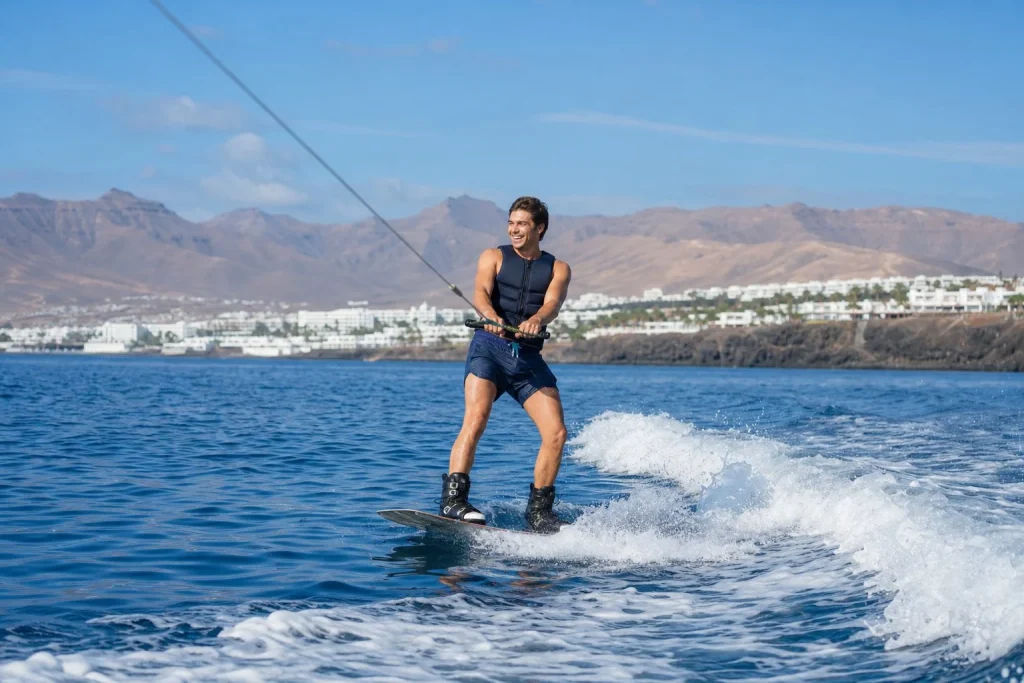 Wakeboarder gliding on the Atlantic near Lanzarote