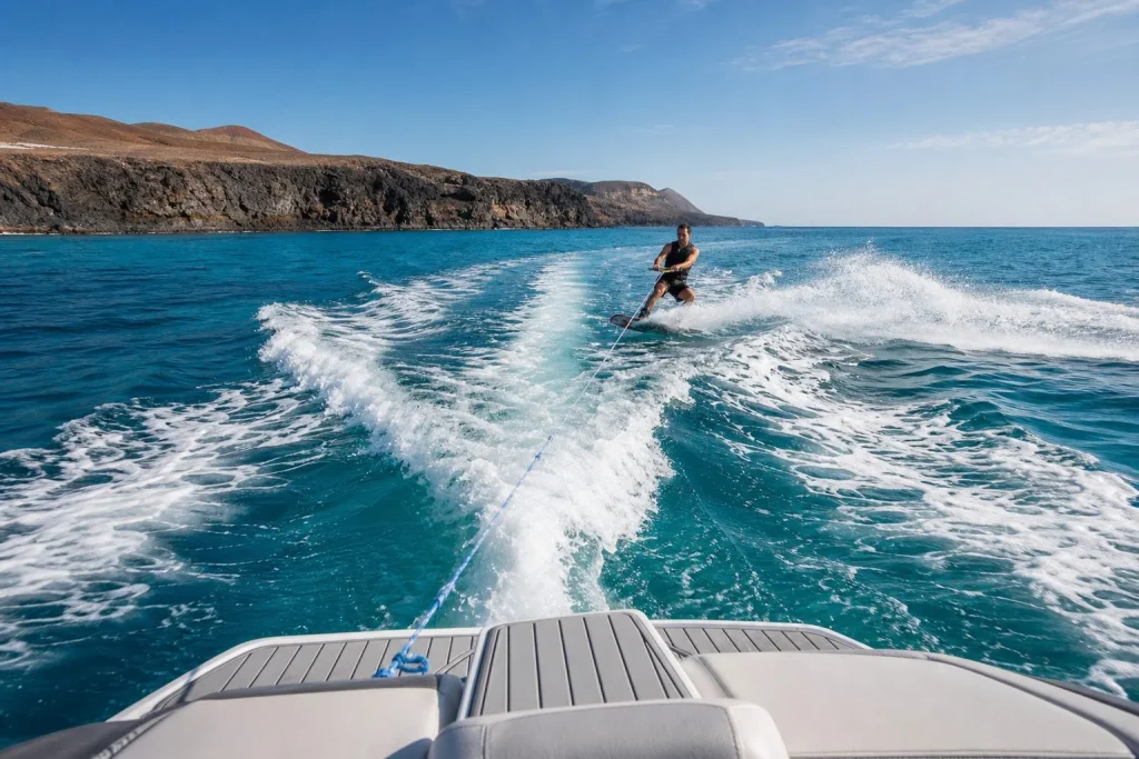 View from the tow boat toward a wakeboarder near the volcanic coast