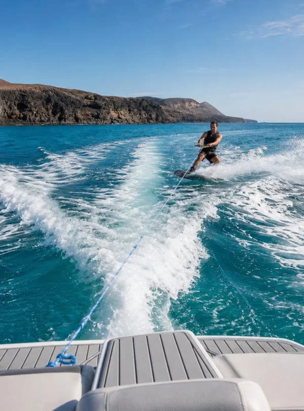 View from the tow boat toward a wakeboarder near the volcanic coast