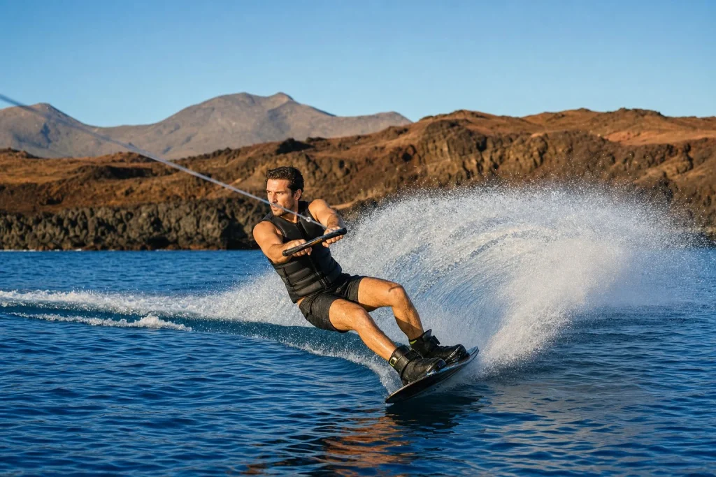 Wakeboarder carving through the water beside Lanzarote volcanic coast