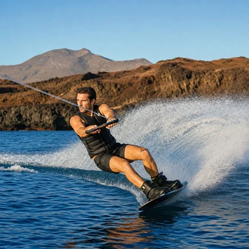 Wakeboarder carving through the water beside Lanzarote volcanic coast