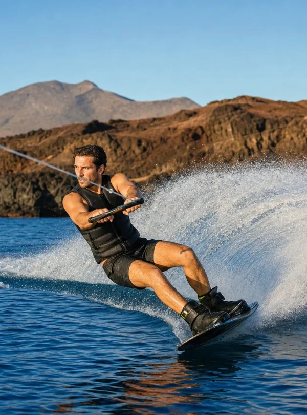 Wakeboarder carving through the water beside Lanzarote volcanic coast