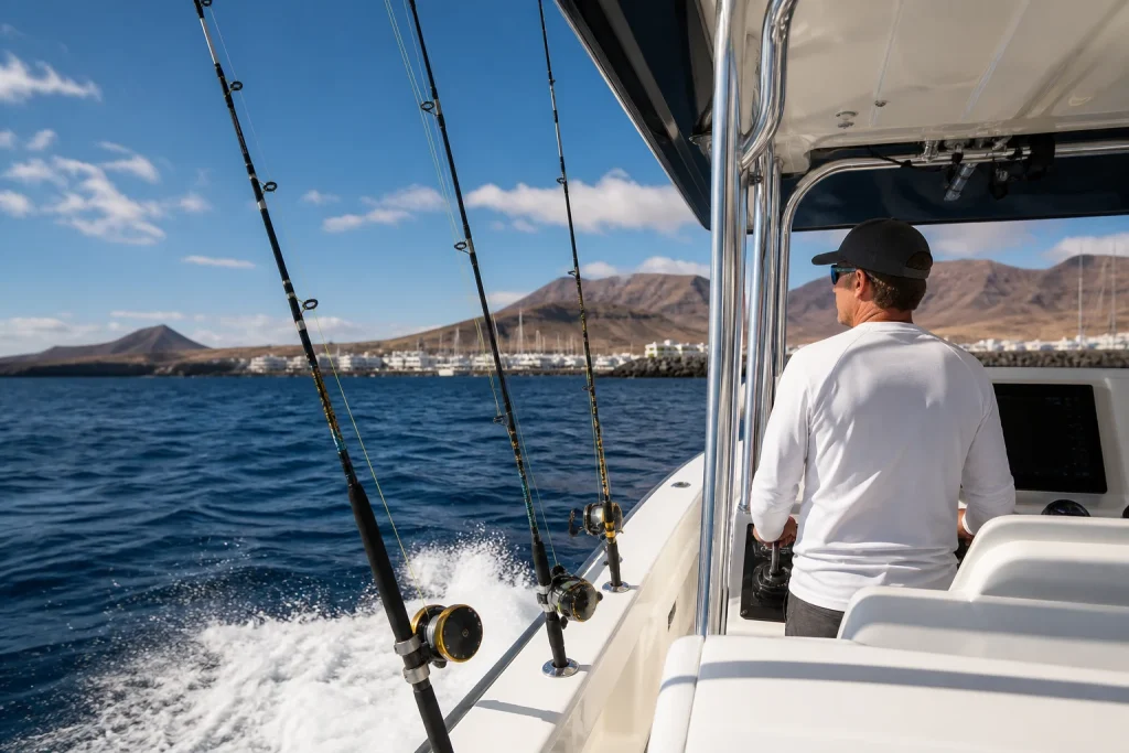 Professional fishing boat leaving Puerto Calero with rods ready for a trip