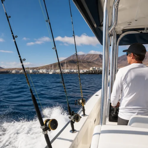 Professional fishing boat leaving Puerto Calero with rods ready for a trip