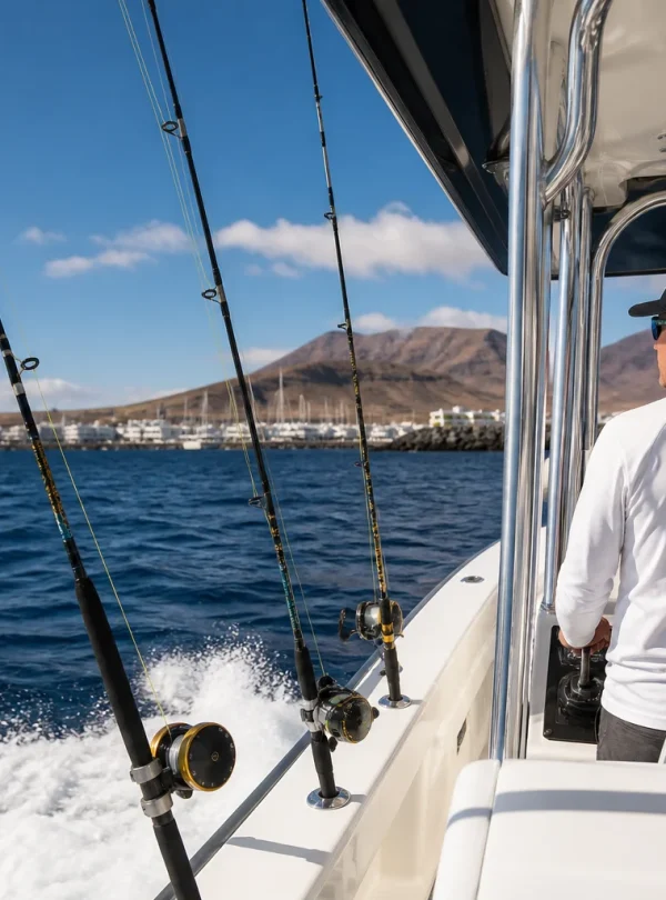 Professional fishing boat leaving Puerto Calero with rods ready for a trip