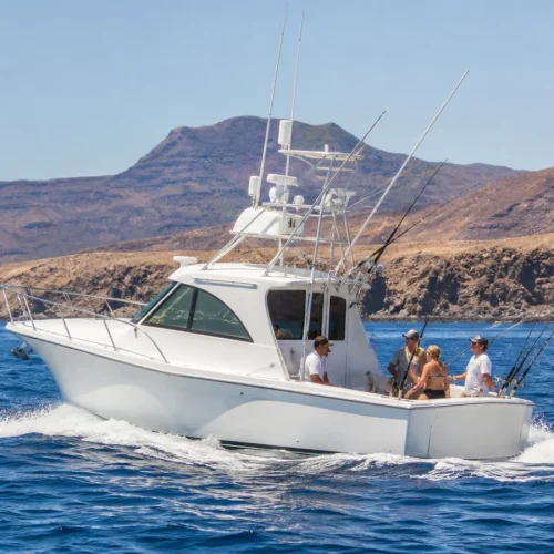 White sport-fishing boat on the Atlantic near Lanzarote volcanic coast