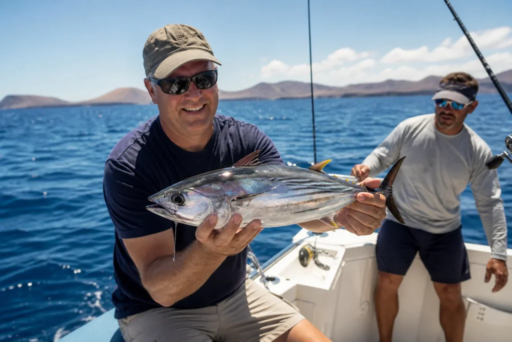 Angler holding a modest Atlantic fish during a Lanzarote fishing trip
