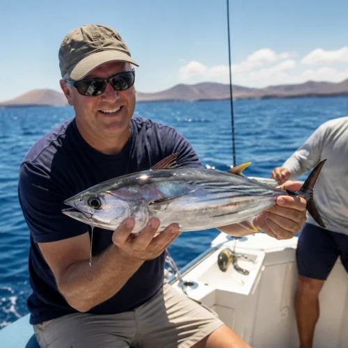 Angler holding a modest Atlantic fish during a Lanzarote fishing trip