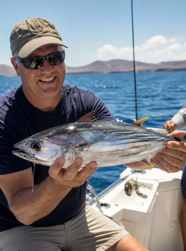 Angler holding a modest Atlantic fish during a Lanzarote fishing trip