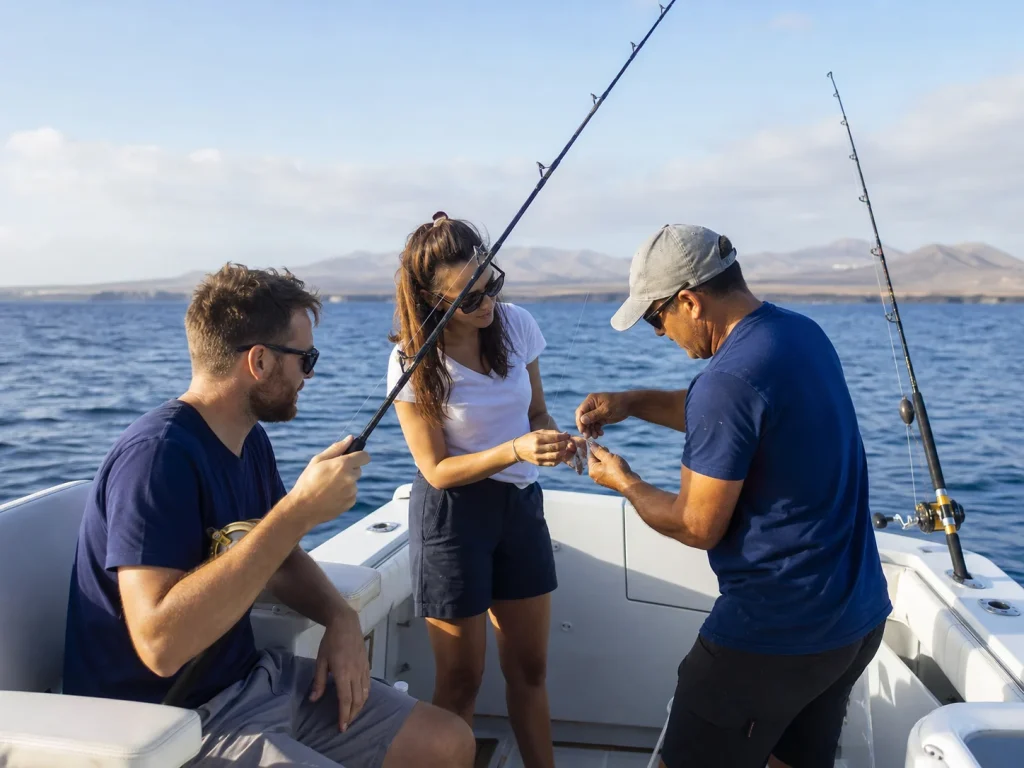 Guests preparing fishing gear with a professional crew on a boat in Lanzarote
