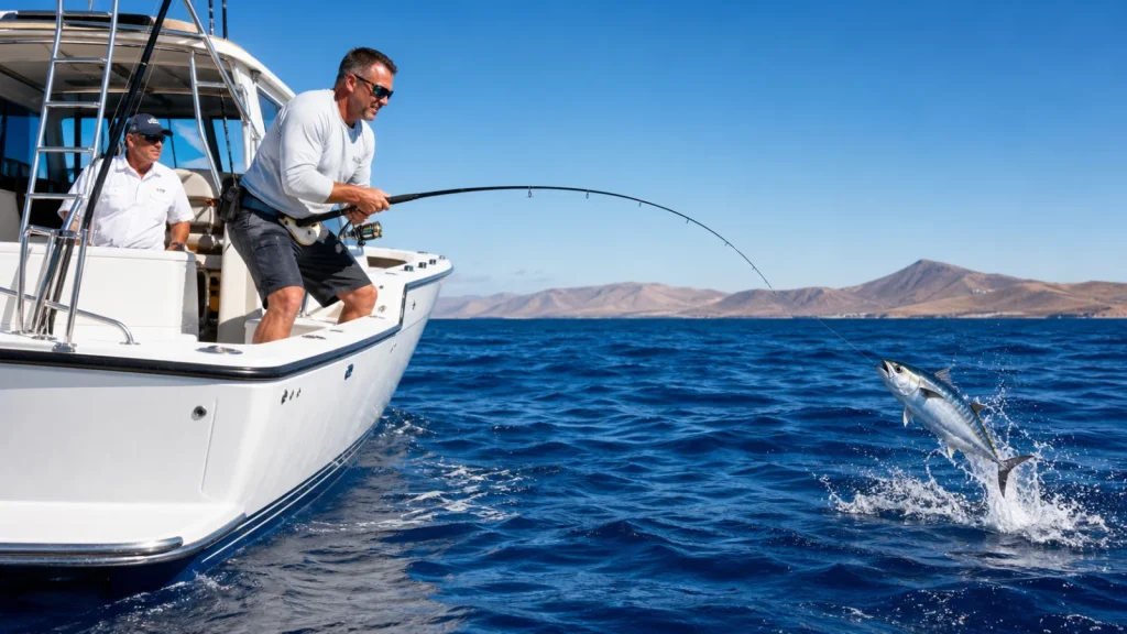 Angler fishing from a sport-fishing boat off the volcanic coast of Lanzarote