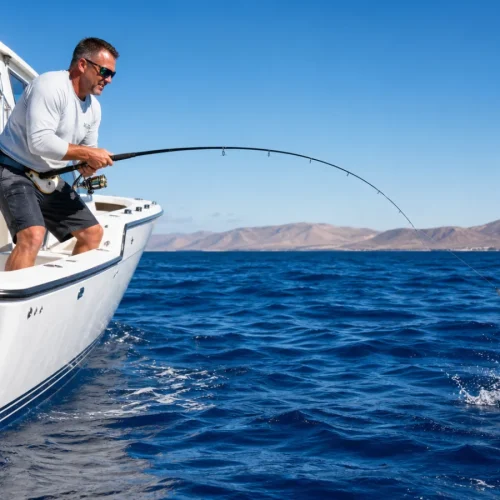 Angler fishing from a sport-fishing boat off the volcanic coast of Lanzarote