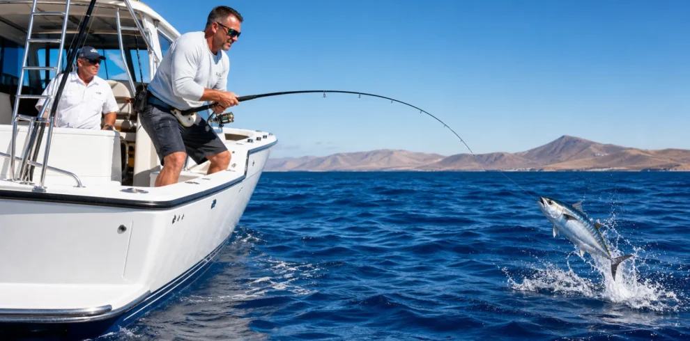 Angler fishing from a sport-fishing boat off the volcanic coast of Lanzarote